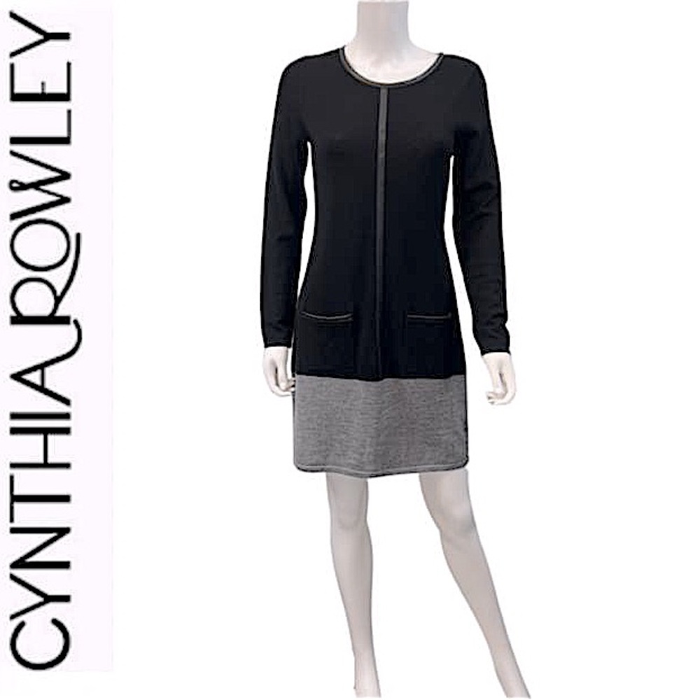 Cynthia Rowley.NWT.Black & Grey long sleeve midi sweaterdress.100% Merino wool.M